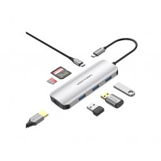დოქ სადგური: Vention TOJHB 7-in-1 USB-C 4K/30Hz Docking Station 5Gbps 100W PD 0.15m Gray Aluminum