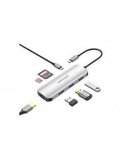 დოქ სადგური: Vention TOJHB 7-in-1 USB-C 4K/30Hz Docking Station 5Gbps 100W PD 0.15m Gray Aluminum