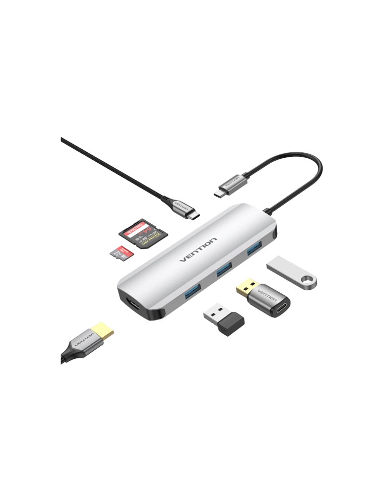 დოქ სადგური: Vention TOJHB 7-in-1 USB-C 4K/30Hz Docking Station 5Gbps 100W PD 0.15m Gray Aluminum