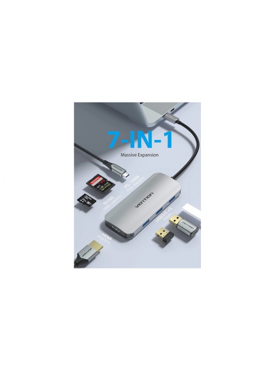დოქ სადგური: Vention TOJHB 7-in-1 USB-C 4K/30Hz Docking Station 5Gbps 100W PD 0.15m Gray Aluminum
