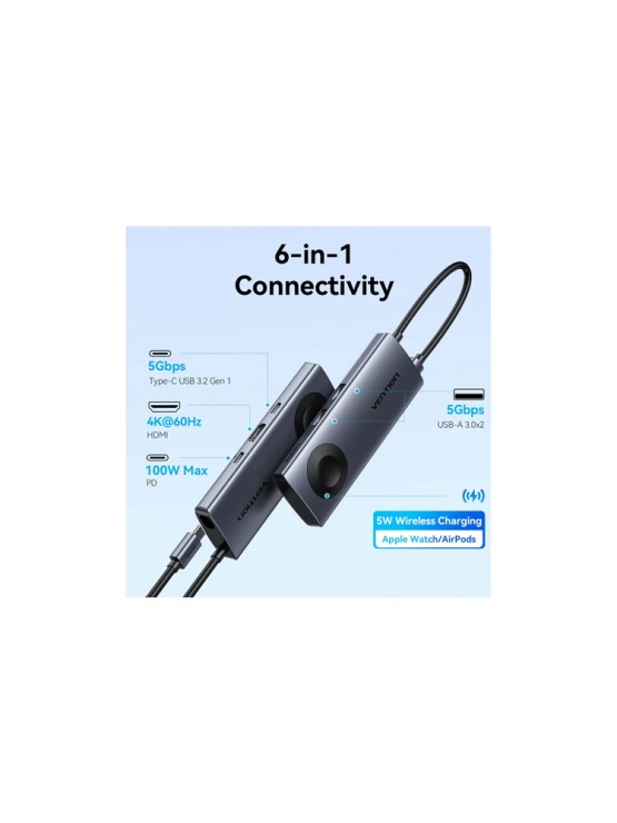 დოქ სადგური: Vention TPMHB 6-in-1 USB-C 4K/60Hz Wireles Charging Docking Station 5Gbps 100W PD 0.11m Gray Aluminum