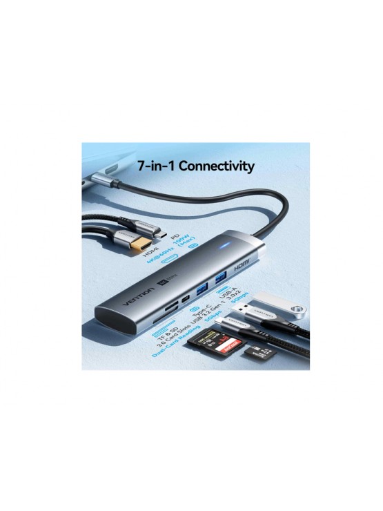 დოქ სადგური: Vention TPSHB 7-in-1 USB-C 4K/60Hz Docking Station 5Gbps 100W PD 0.15m Gray Aluminum