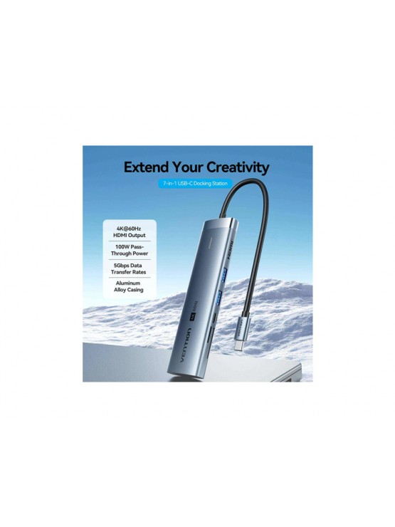 დოქ სადგური: Vention TPSHB 7-in-1 USB-C 4K/60Hz Docking Station 5Gbps 100W PD 0.15m Gray Aluminum