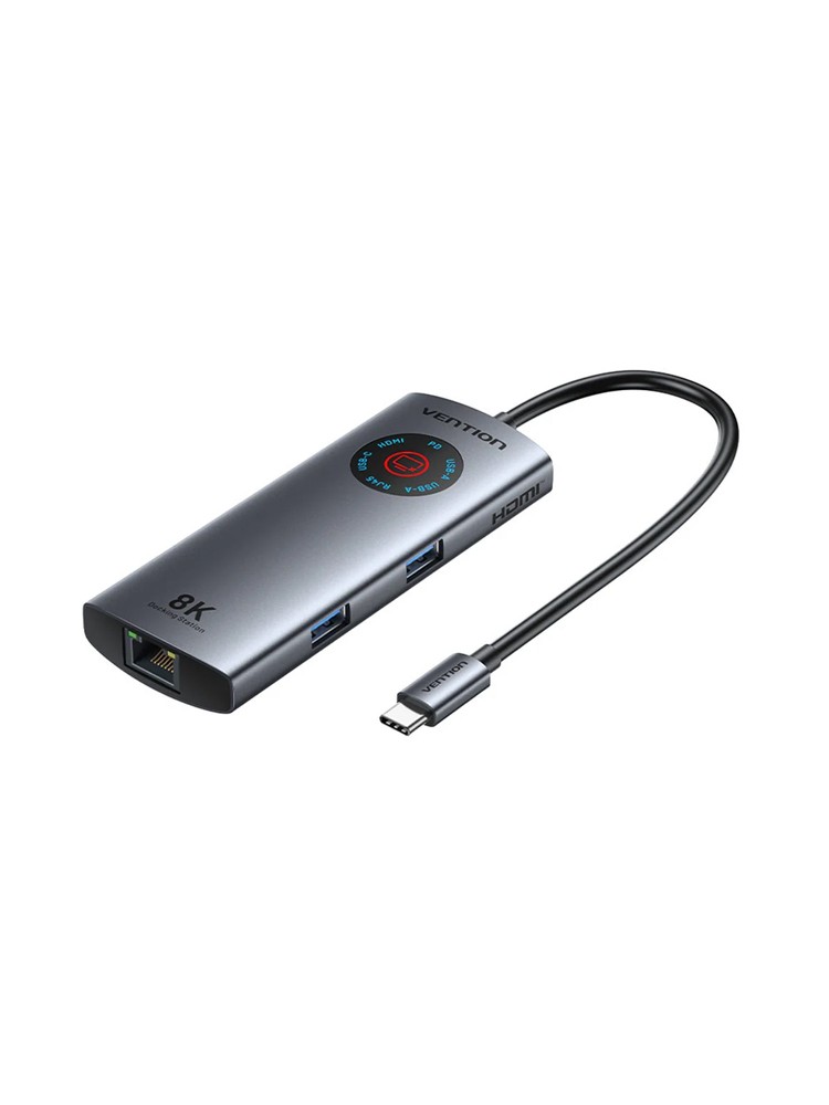 დოქ სადგური: Vention TQZHB 6-in-1 USB-C 8K/30Hz Docking Station 5Gbps 100W PD With Smart Led Display 0.15m Aluminum