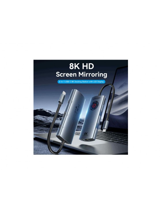 დოქ სადგური: Vention TQZHB 6-in-1 USB-C 8K/30Hz Docking Station 5Gbps 100W PD With Smart Led Display 0.15m Aluminum