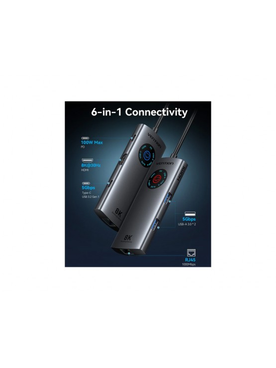 დოქ სადგური: Vention TQZHB 6-in-1 USB-C 8K/30Hz Docking Station 5Gbps 100W PD With Smart Led Display 0.15m Aluminum