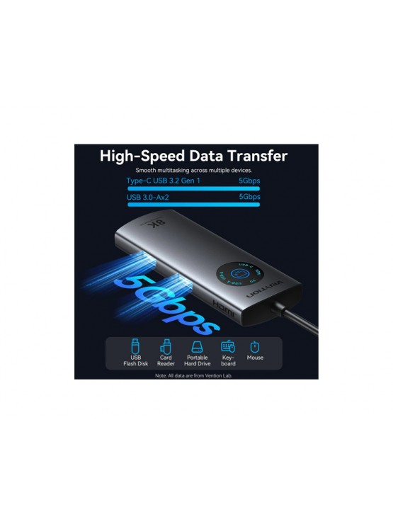 დოქ სადგური: Vention TQZHB 6-in-1 USB-C 8K/30Hz Docking Station 5Gbps 100W PD With Smart Led Display 0.15m Aluminum