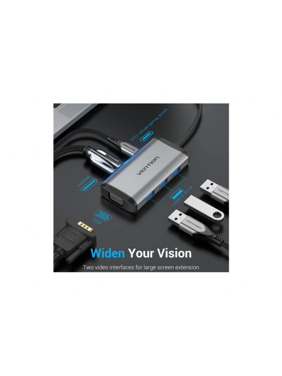 დოქ სადგური: Vention TGSHB 6-in-1 USB-C 4K/30Hz Docking Station 5Gbps 0.15m Gray Aluminum