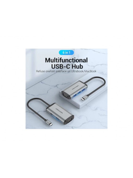 დოქ სადგური: Vention TGSHB 6-in-1 USB-C 4K/30Hz Docking Station 5Gbps 0.15m Gray Aluminum