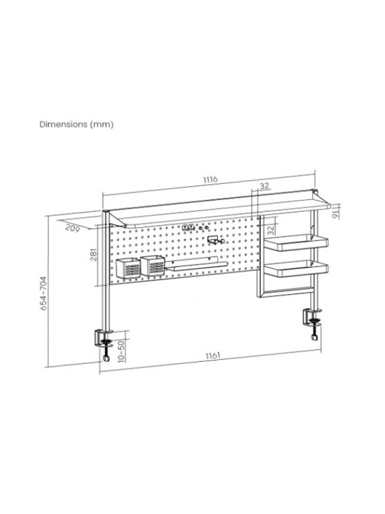 ორგანაიზერის თარო: Vertex VX-PB-01B Clamp-On Multi-Purpose Pegboard Organizer Shelf (for 1200mm Desktops) Black