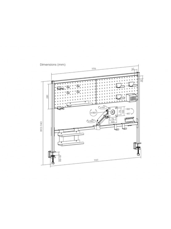 ორგანაიზერის თარო: Vertex VX-PBMA-04B Clamp-On Multi-Purpose Pegboard Organizer Shelf 17"-32" Black