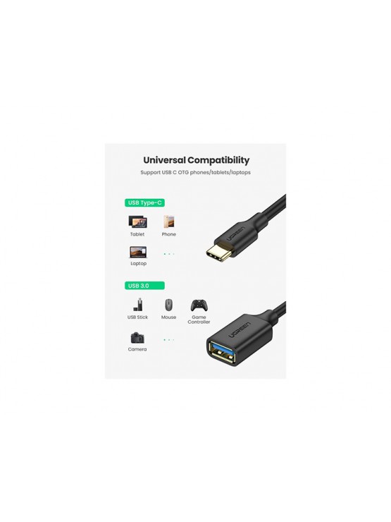 კაბელი: UGREEN US154 Type-C Male to USB 3.0 Female OTG Cable 15cm Black - 30701