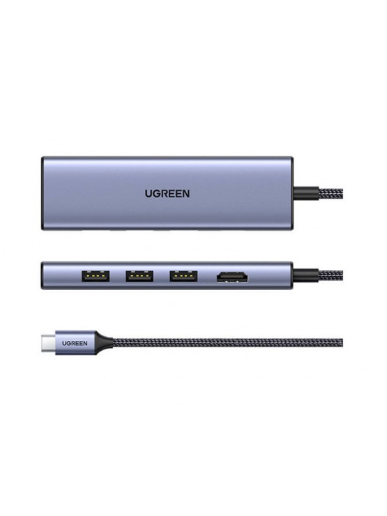 USB ჰაბი: UGREEN CM511 5-In-1 Adapter USB-C Hub To 3xUSB 3.0 HDMI TF/SD Gray - 20956A