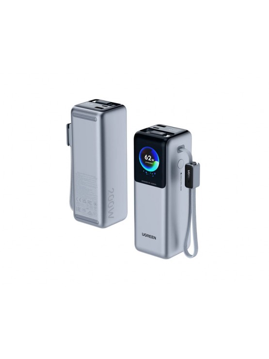 პორტატული დამტენი: UGREEN PB728 75702B Nexode 25000mAh Type-C USB Power Bank With Retractable Cable Grey