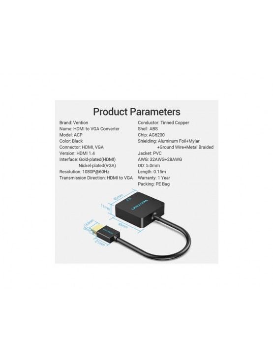 ადაპტერი: Vention ACPBB 1080P/60Hz HDMI to VGA Converter 0.15m Black