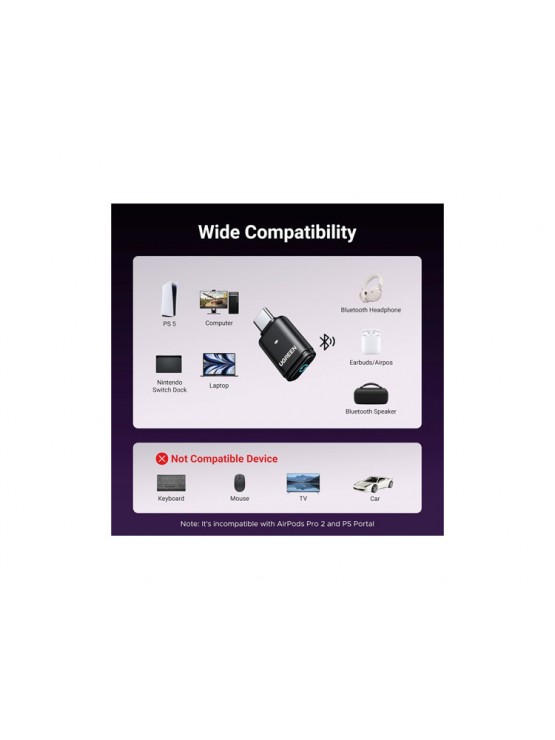 ადაპტერი: UGREEN BT501 Bluetooth Transmitter Audio Adapter fOR PS5 Black - 45008