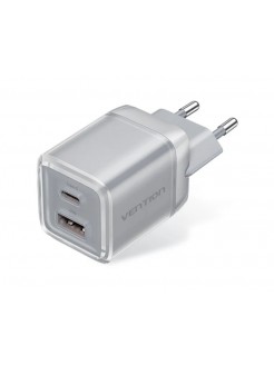 დამტენი: Vention FCGH0-EU 2-Port USB/USB-C GaN Charger (70W/22.5W) Gray