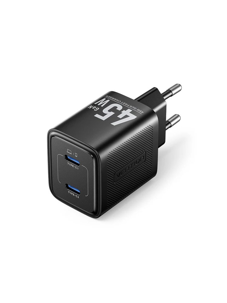 დამტენი: Vention FEFB0-EU 2-Port USB-C GaN Charger (45W/45W) EU-Plug Black