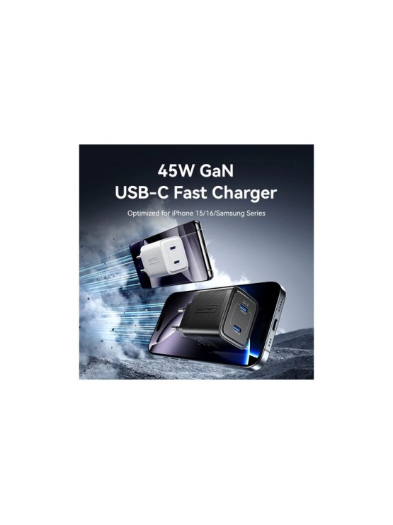 დამტენი: Vention FEFB0-EU 2-Port USB-C GaN Charger (45W/45W) EU-Plug Black