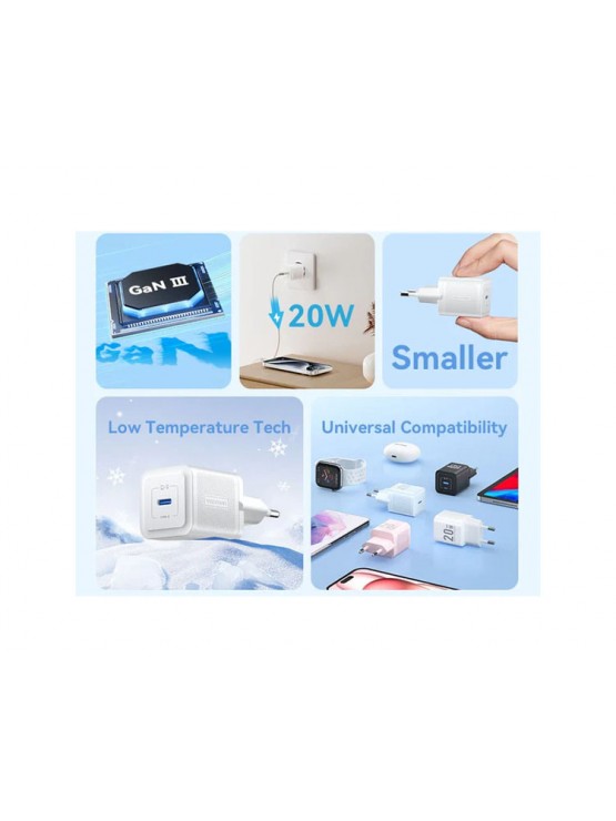 დამტენი: Vention FEPP0-EU 1-Port USB-C GaN Charger 20W EU-Plug Blue