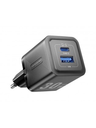 დამტენი: Vention FEQB0-EU 2-Port USB/USB-C GaN Charger (30W/30W) EU-Plug Black