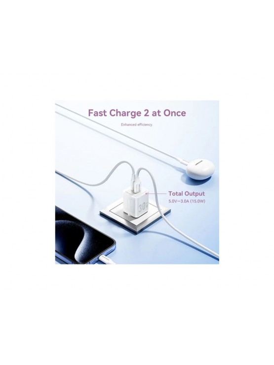 დამტენი: Vention FEQL0-EU 2-Port USB/USB-C GaN Charger (30W/30W) EU-Plug Lake Blue
