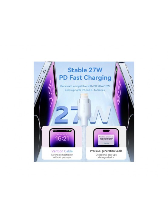 კაბელი: Vention LALWF USB 2.0 Type-C to Lightning 27W PD Fast Charging Cable 1m White