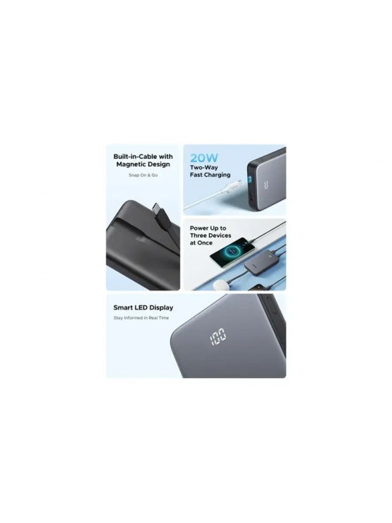 პორტატული დამტენი: UGREEN PB526 75161B 10000mAh 20W Power Bank with Built-in Cable Grey