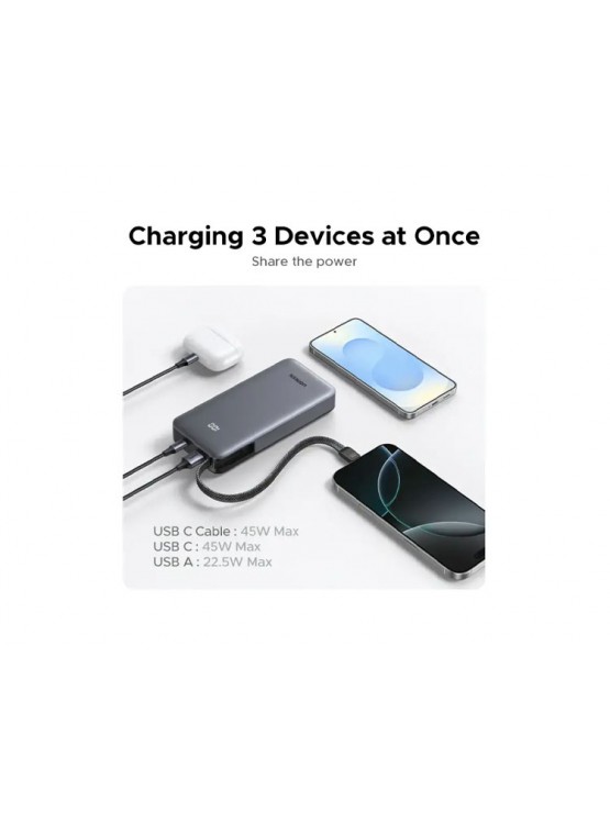 პორტატული დამტენი: UGREEN PB536 55988B 20000mAh Power Bank With Built-in Cable Grey