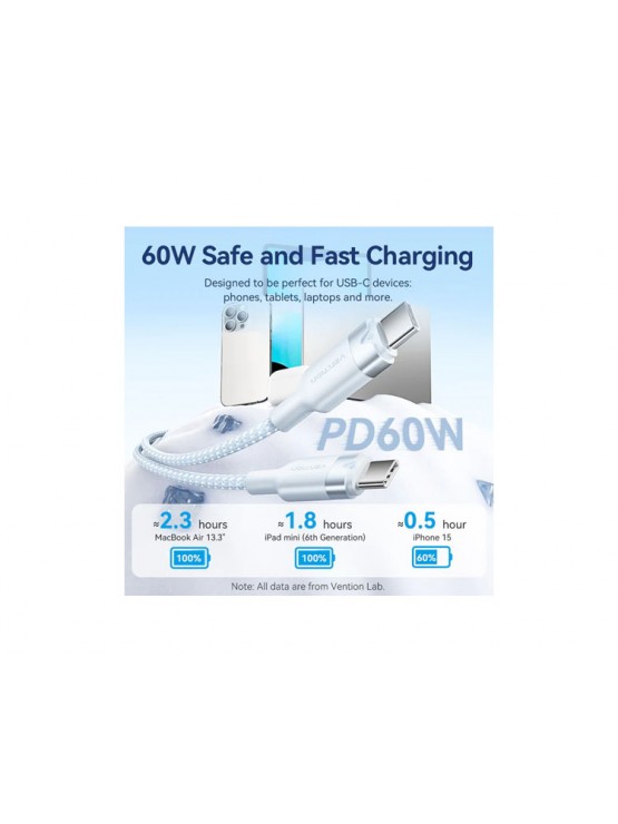 კაბელი: Vention TRDBH USB 2.0 Type-C 60W PD Cable 2m Black Aluminum