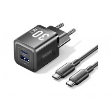 დამტენი: Vention TZ-FEQB0-EU-01 2-Port USB/USB-C GaN Charger (30W/30W) with USB-C Cable (1m) EU-Plug Black