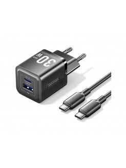 დამტენი: Vention TZ-FEQB0-EU-01 2-Port USB/USB-C GaN Charger (30W/30W) with USB-C Cable (1m) EU-Plug Black