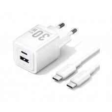 დამტენი: Vention TZ-FEQW0-EU-01 2-Port USB/USB-C GaN Charger (30W/30W) with USB-C Cable (1m) EU-Plug White