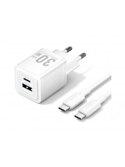 დამტენი: Vention TZ-FEQW0-EU-01 2-Port USB/USB-C GaN Charger (30W/30W) with USB-C Cable (1m) EU-Plug White