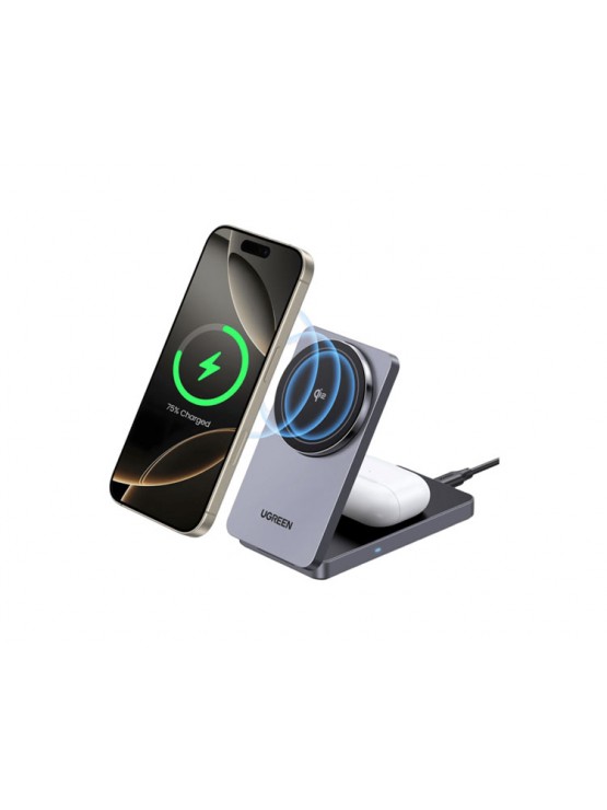 დამტენი: UGREEN W706 MagFlow Qi2 15W 2-in-1 Magnetic Wireless Charger Grey - 45023