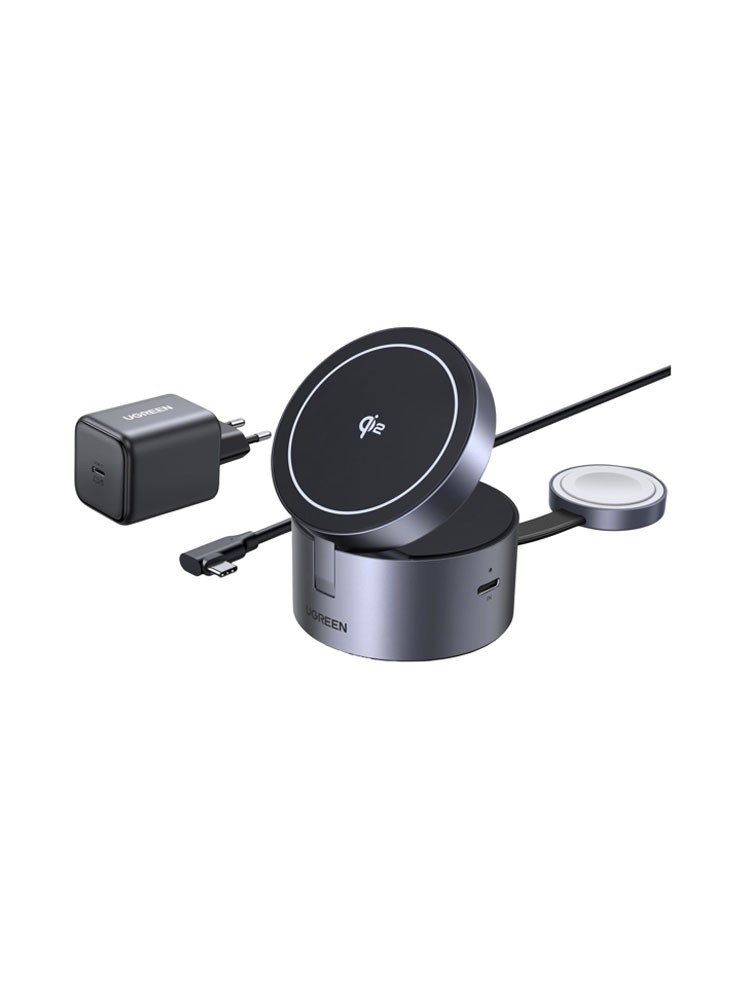 დამტენი: UGREEN W712 Magflow Qi2.2 15W 3in1 Wireless Charger Grey - 65148