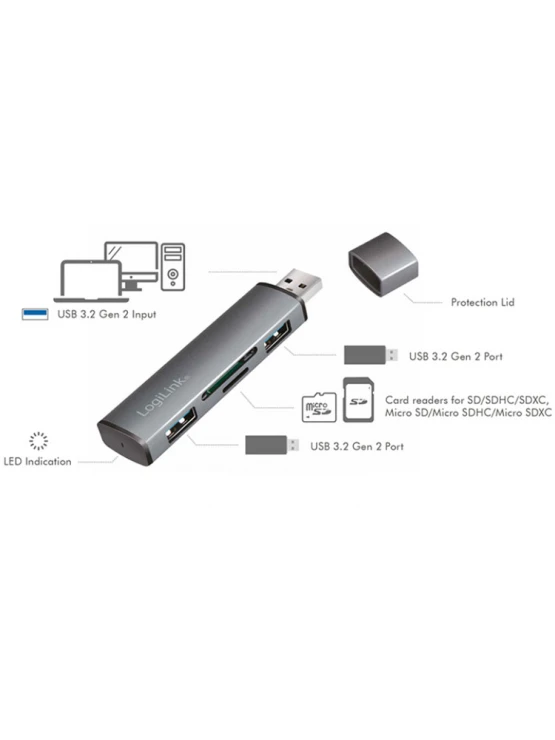 ადაპტერი: Logilink UA0394 USB 3.2 Gen2 2-port Hub with Card Readers