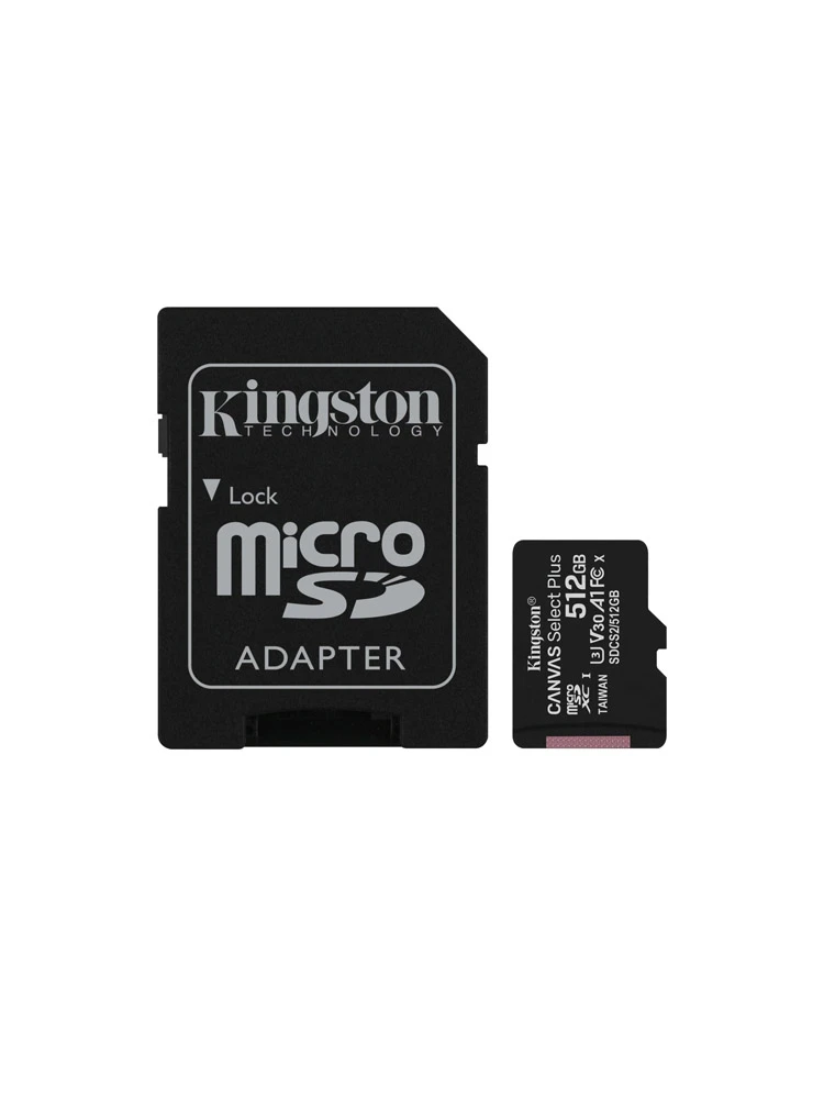 მეხსიერების ბარათი: Kingston Canvas Select Plus microSDXC 512GB UHS-I U3 Class 10 + Adapter - SDCS2/512GB