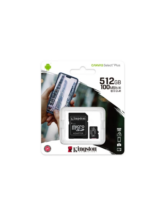 მეხსიერების ბარათი: Kingston Canvas Select Plus microSDXC 512GB UHS-I U3 Class 10 + Adapter - SDCS2/512GB