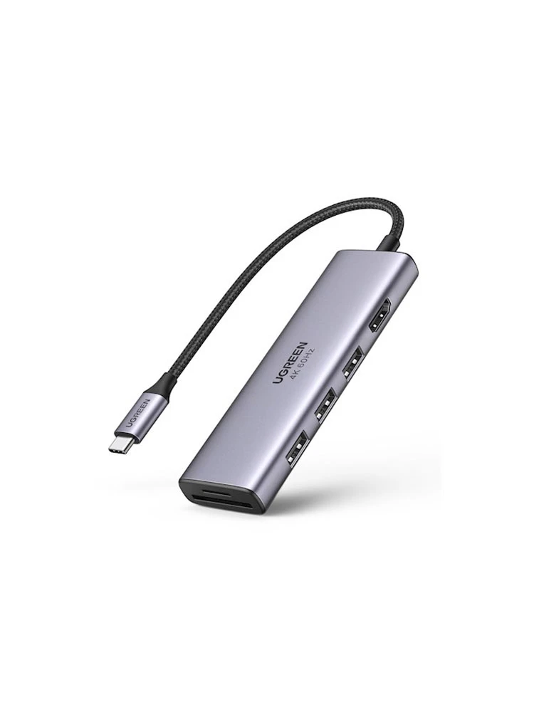 USB ჰაბი: UGREEN CM511 5-in-1 Adapter USB-C Hub to 3xUSB 3.0 HDMI TF/SD Gray