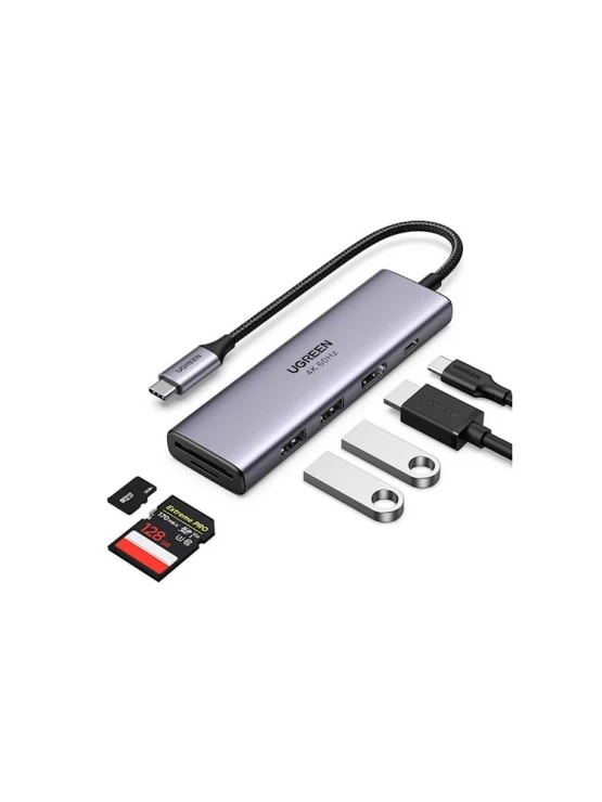 USB ჰაბი: UGREEN CM511 5-in-1 Adapter USB-C Hub to 3xUSB 3.0 HDMI TF/SD Gray