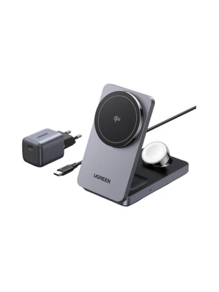 დამტენი: UGREEN W707 15W Wireless Charging Station With 30W USB-C Charger Space gray - 45025
